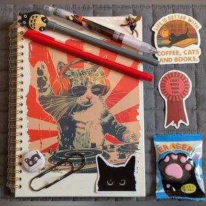 Cat DJ Spiral Notebook – Red and Cream Cat Graphic